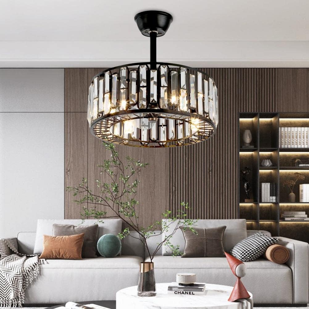 Fandian 18' Industrial Caged Ceiling Fan with Light,Bladeless Fan with 3 Speeds, Farmhouse Crystal Fandelier with Remote Control, Vintage Black Crystal Chandelier Fan for Dining Bedroom