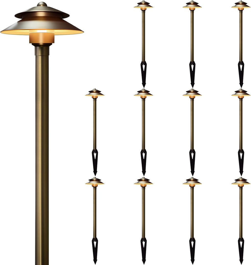 Gardencoin Solid Brass Low Voltage Landscape Pathway Lights (6'' Shade, 19'' Tall), 12V LED Heavy Duty Path Lighting Outdoor Wired, Waterproof Antique Bronze Walkway Light Without G4 Bulb,12 Pack