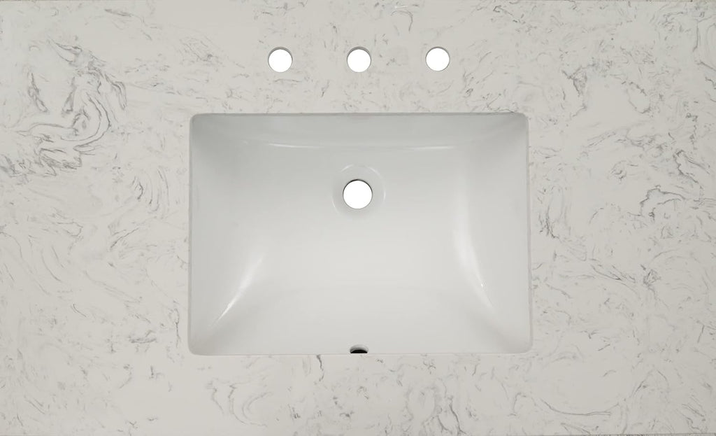 MSI Carrara Sky Vanity Top with Under Mount Rectangle Ceramic Sinks, Engineered Marble Stone, 4' CC Faucet Holes, 37'X22'