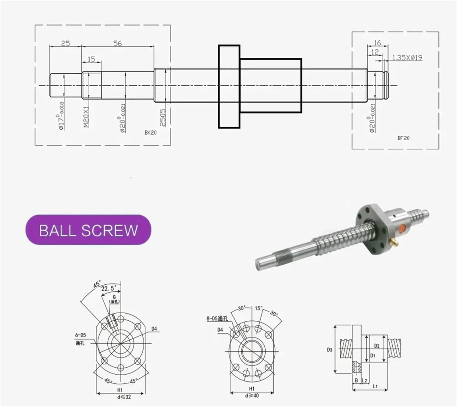 Ballscrew SFU2510 1000-2000mm C7 Roller Screw with Single Ball Nut Dia 25mm Pitch 10mm(1000mm)