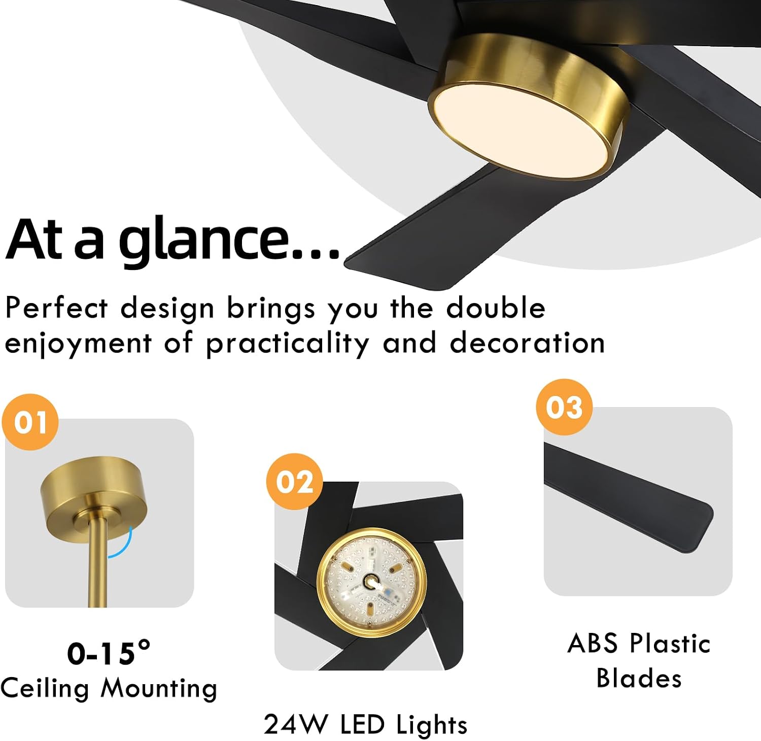 WINGBO 64' ABS DC Ceiling Fan with Lights, 5 Blade ABS Plastic Ceiling Fan with Remote, 6-Speed Reversible DC Motor, LED Ceiling Fans for Kitchen Bedroom Living Room, Brass and Matte Black