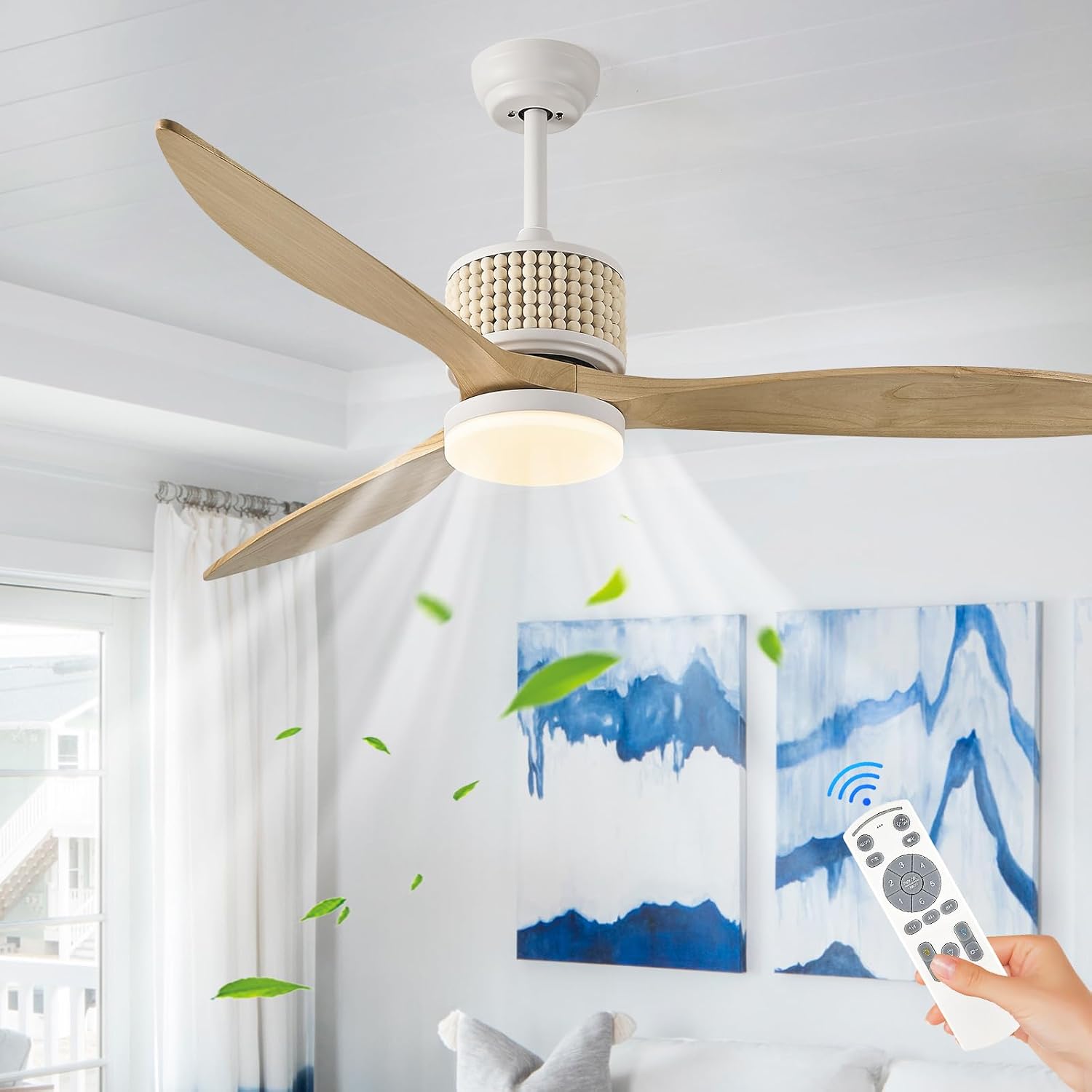 60in Boho White Ceiling Fan Lights with Remote Control 3 Blade Wood Bead Ceiling Fans with Light Coastal Natural Wood Ceiling Fan Outdoor Bohemian Fan Light for Patio Living Room Kitchen