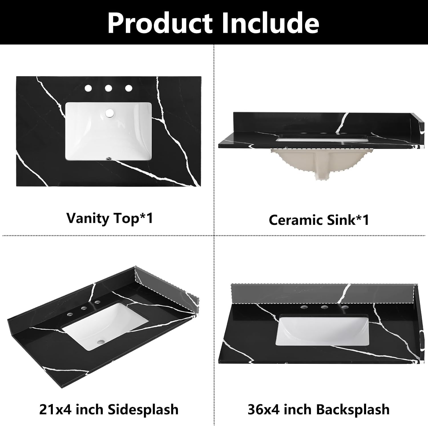 36 in. W x 22 in D Quartz Vanity Top in Black Marquina,with One Sidesplash & One Backsplash, Vanity Sink Top with Assembled Single Drop-in Sink, Pre-Drilled 8 Inch Faucet Hole Countertop