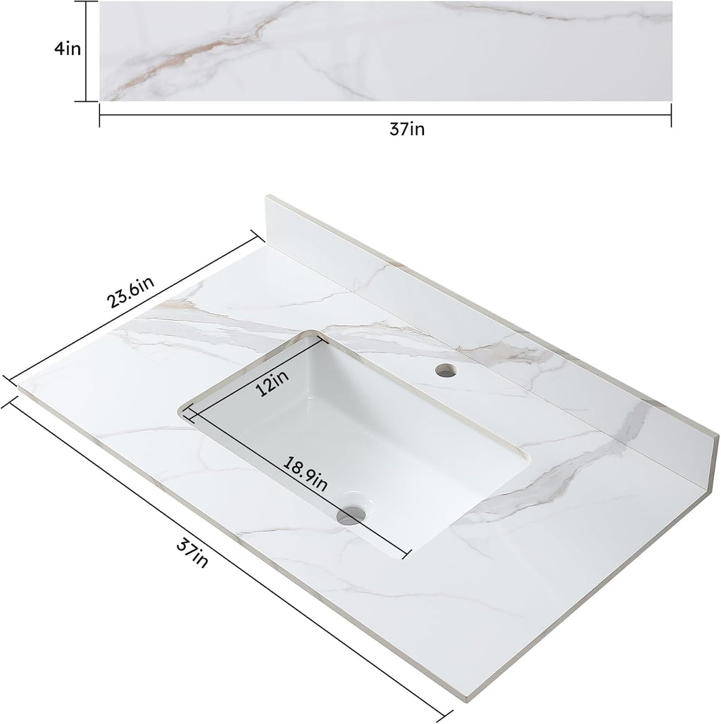 Montary 37'x 22' Bathroom Vanity Top with Undermounted Large Ceramic Sink & Backsplash, Sintered Stone Artificial Marble Vanity Sink Tops with 1 Pre-Drilled Hole, Carrara Gold