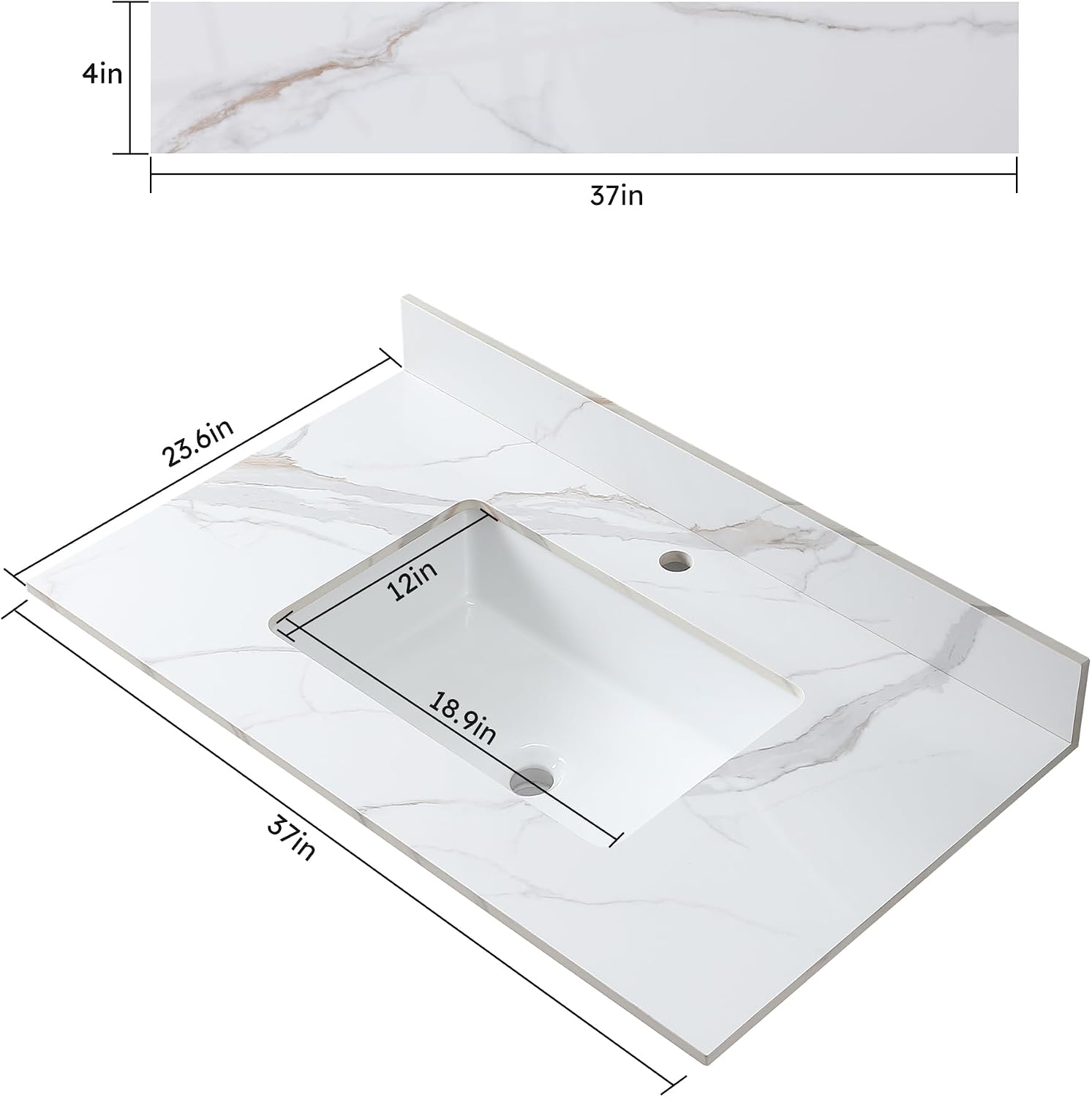Montary 37'x 22' Bathroom Vanity Top with Undermounted Large Ceramic Sink & Backsplash, Sintered Stone Artificial Marble Vanity Sink Tops with 1 Pre-Drilled Hole, Carrara Gold