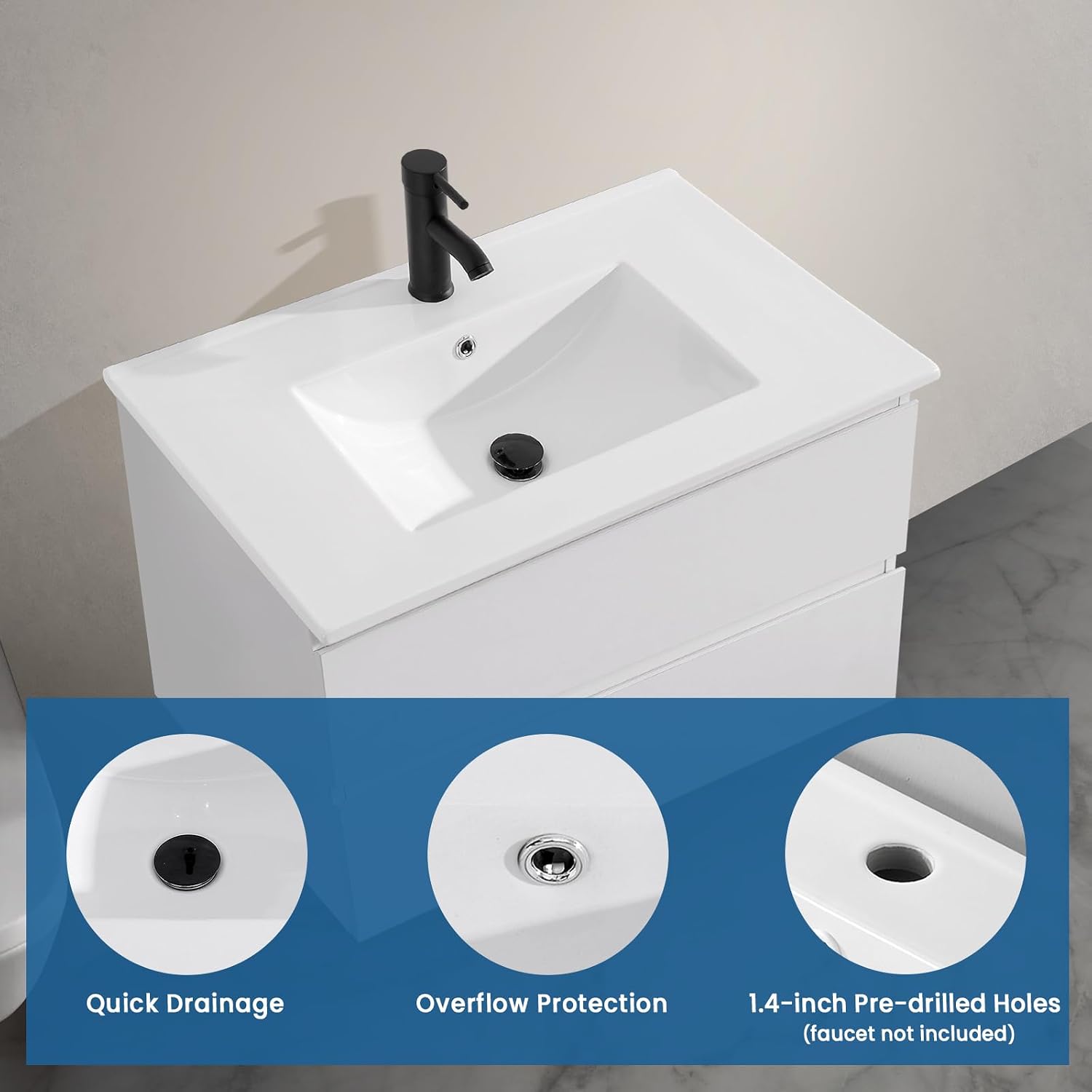 24 in. W x 18.3 in. D Bathroom Undermount Ceramic Sink Top W/One Hole, Drop in Bathroom Vessel Sink Rectangle, Without Matte Black Faucet & Pop up-Drain, for Bathrooms, White