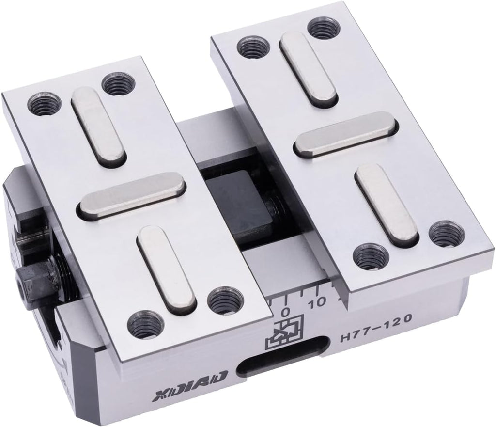 Xindian PAF 5.1 Inch (H77-L38-L) CNC self centering vise, with a stroke of 1.5 Inch, widened jaws, and the ability to add irregular jaws for clamping.