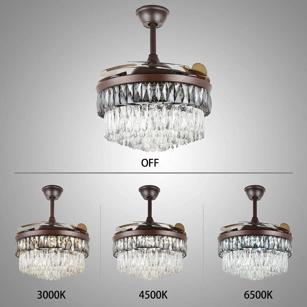 Fandian 42' Modern Crystal Ceiling Fan with Lights Remote Control Brown Chandelier Fixtures, Luxury Retractable Baldes Fandelier, 3 Color Lighting for Dining Room, Living Room