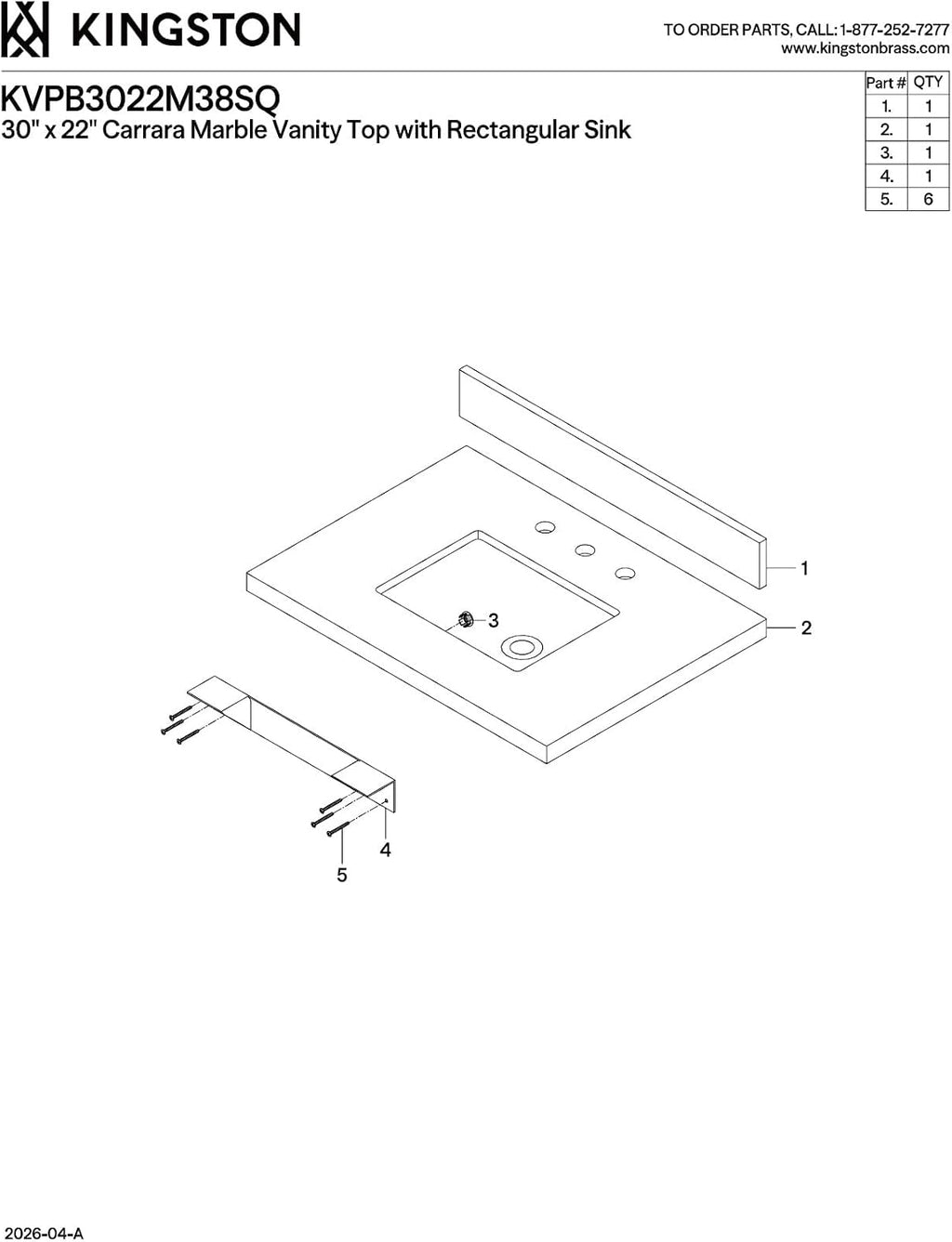 Kingston Brass KVPB3022M38SQ Templeton 30-Inch Carrara Marble Vanity Sink Top (8' Faucet Drillings) in Carrara Marble