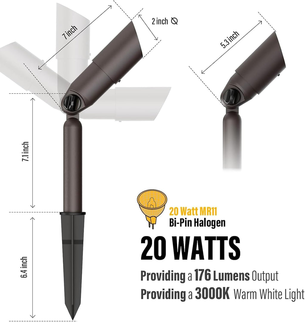Low Voltage Landscape Lights Kit 8PK Outdoor Spot Lighting 20W 176Lumen Adjustable Spotlights/Floodlight 12V 3000K Warm White Halogen Lights with Connector and Stake