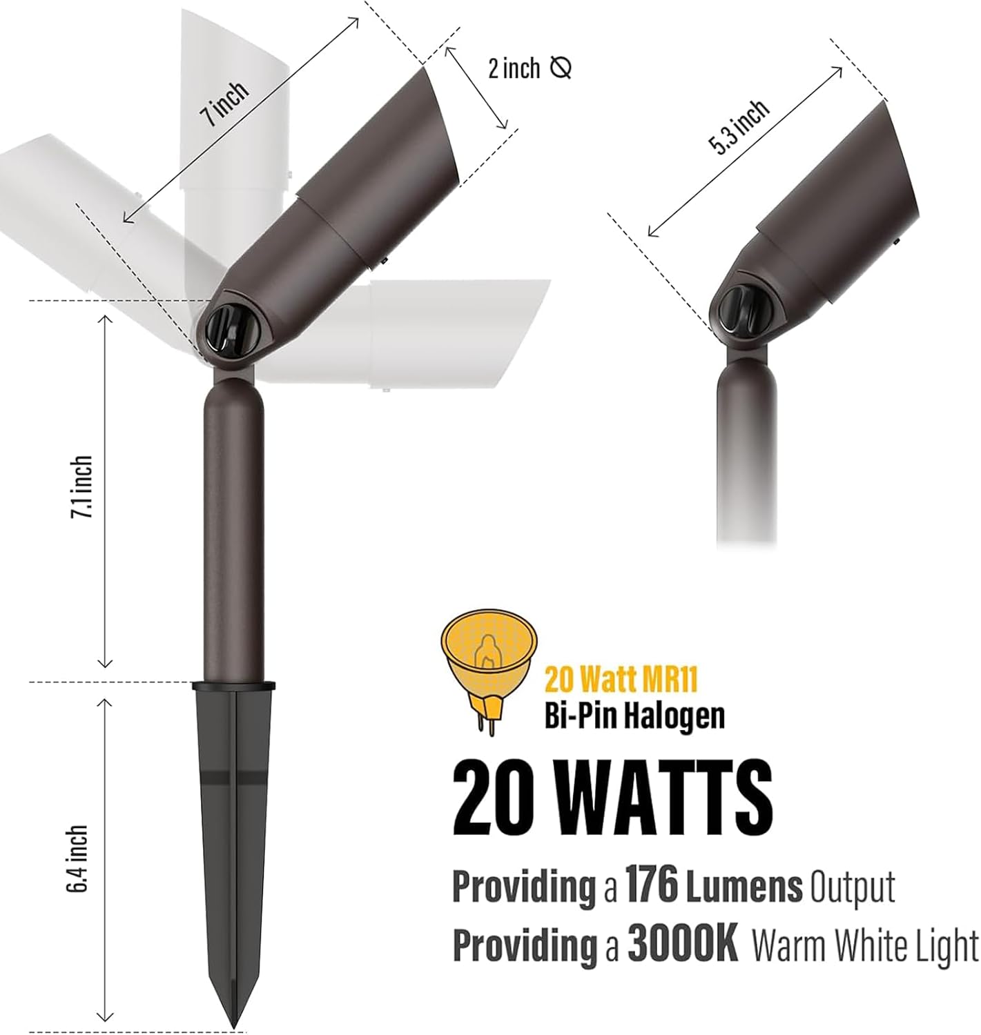 Low Voltage Landscape Lights Kit 8PK Outdoor Spot Lighting 20W 176Lumen Adjustable Spotlights/Floodlight 12V 3000K Warm White Halogen Lights with Connector and Stake