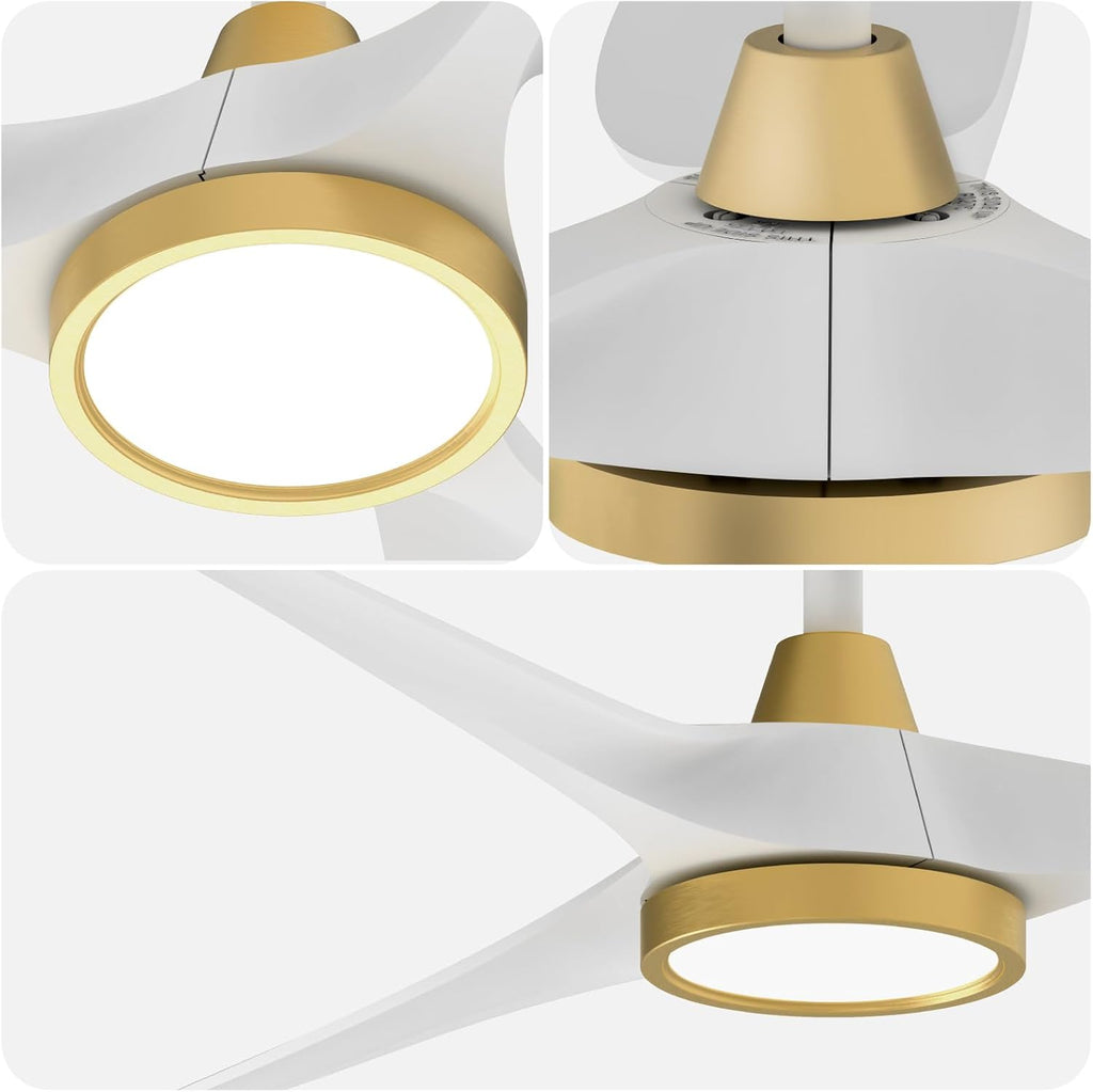 Roomratv Ceiling Fans with Lights,Large Airflow 52inch Modern Ceiling Fan with Quite Reversible DC Motor 3 Color Temperature LED Light (White Gold)