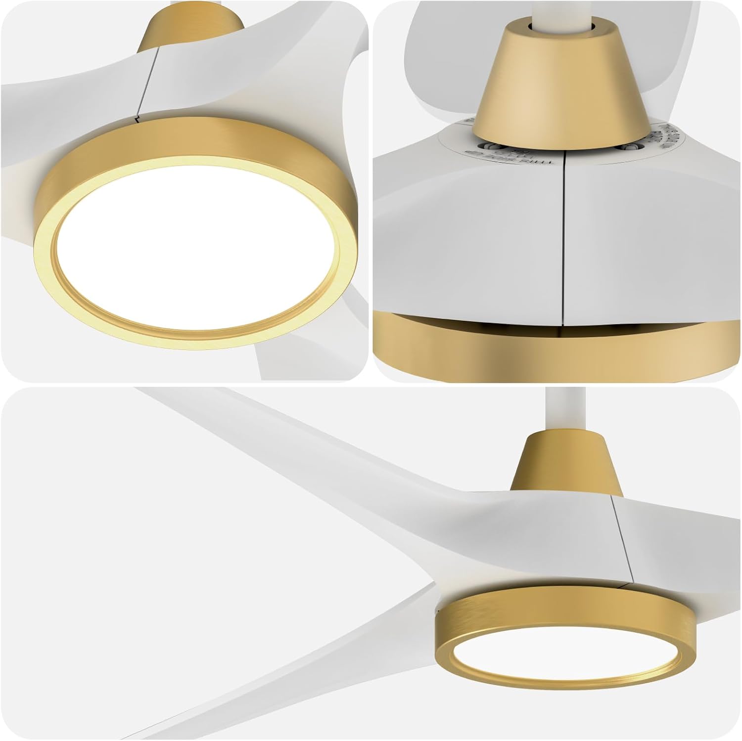 Roomratv Ceiling Fans with Lights,Large Airflow 52inch Modern Ceiling Fan with Quite Reversible DC Motor 3 Color Temperature LED Light (White Gold)