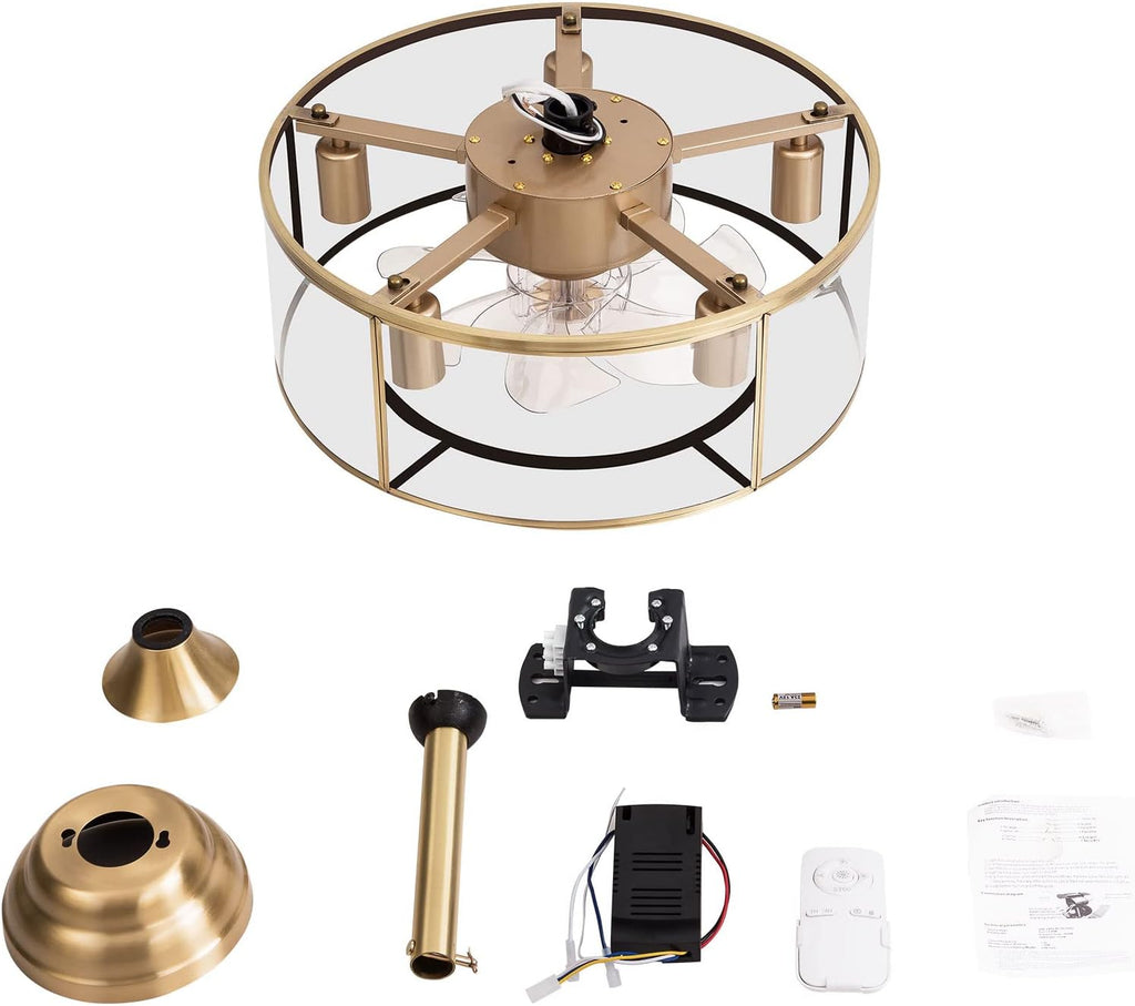 18' Ceiling Fans with Lights, Modern Caged Farmhouse Fandelier with Controller Control, 7 Blades 6-Speed, Reversible Ceiling Fan Light Fixture for Area 107-161ft², Kitchen Bedroom Office Gold E26*5
