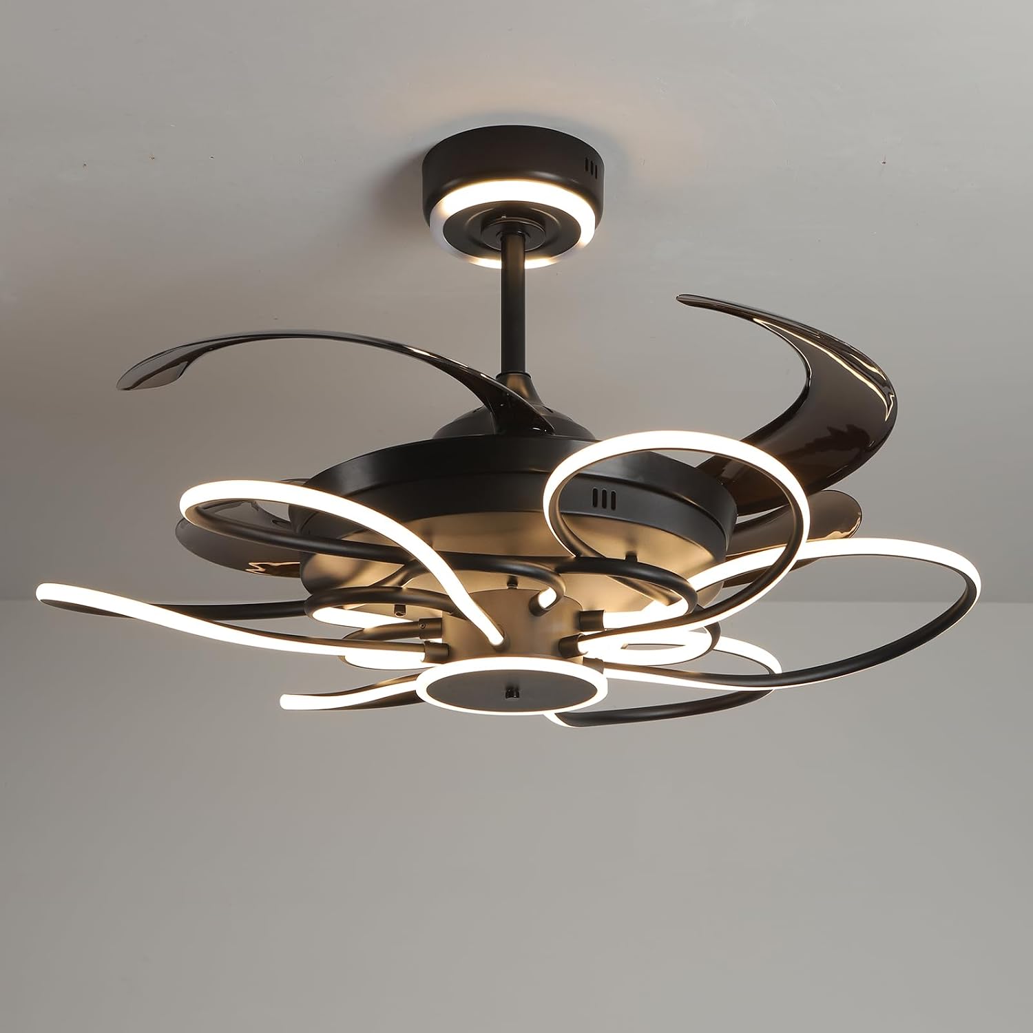 48 Inch Retractable Fandelier Ceiling Fan Chandelier with Lights and Remote for Bedroom Indoor Decoration, 3 Color Changeable, Dimmable with App, Timer Setting, Black