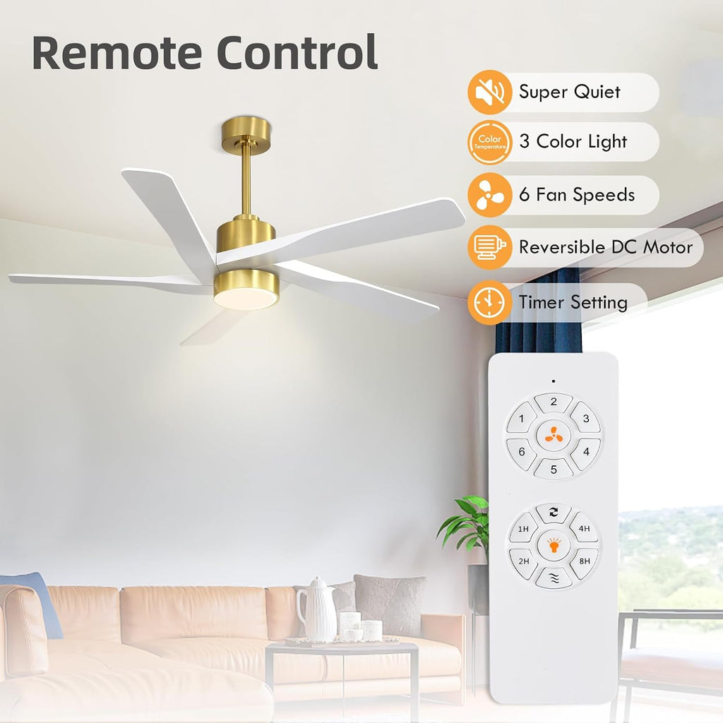 WINGBO 54' ABS DC Ceiling Fan with Lights, 5 Blade ABS Plastic Ceiling Fan with Remote, 6-Speed Reversible DC Motor, LED Ceiling Fans for Kitchen Bedroom Living Room, Brass and White