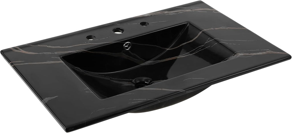JONATHAN Y Ancillary 30 in. W x 18.25 in. D Ceramic Vanity Sink Top with 3-Hole Rectangular Single Sink Basin, Black Marble Effect SNK1002D