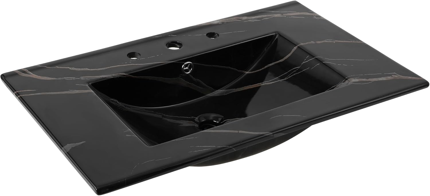 JONATHAN Y Ancillary 30 in. W x 18.25 in. D Ceramic Vanity Sink Top with 3-Hole Rectangular Single Sink Basin, Black Marble Effect SNK1002D