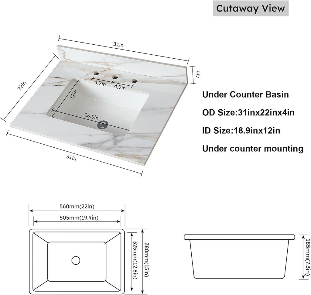 Montary 31'x 22' Bathroom Vanity Sink Top with Rectangular Undermount Ceramic Sink & Backsplash, 3 Pre-Drilled Holes Vanity Top with Safety Overflow Hole