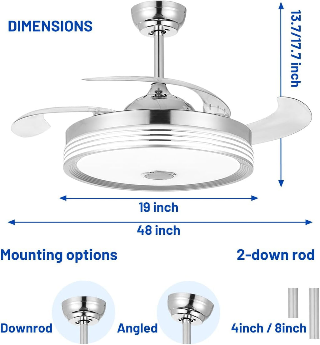 48 inch Modern Retractable Ceiling Fan with Lights and Remote Control, 6Speed Dimmable Fandelier, Smart Ceiling Fan Light with Bluetooth Speaker, RGB Color Reversible Bedroom Living Room, Chrome