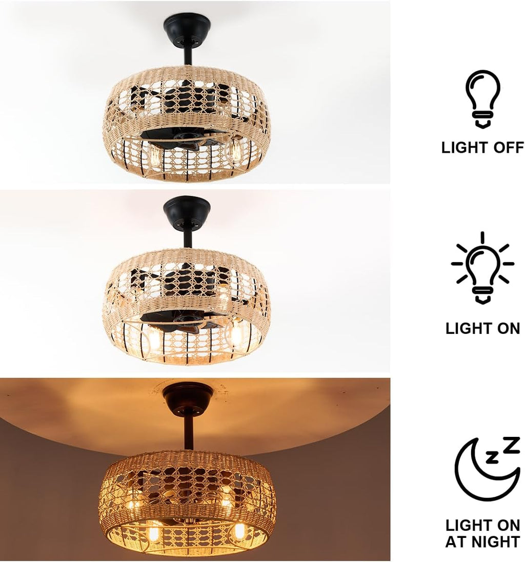 18.2' Rattan Ceiling Fan with Lights 4-Light Boho Caged Ceiling Fandelier with Light Reversible Brown Wicker Flush Mount Fan Pendant Light Remote for Bedroom Kitchen Dining/Living Room Hallway