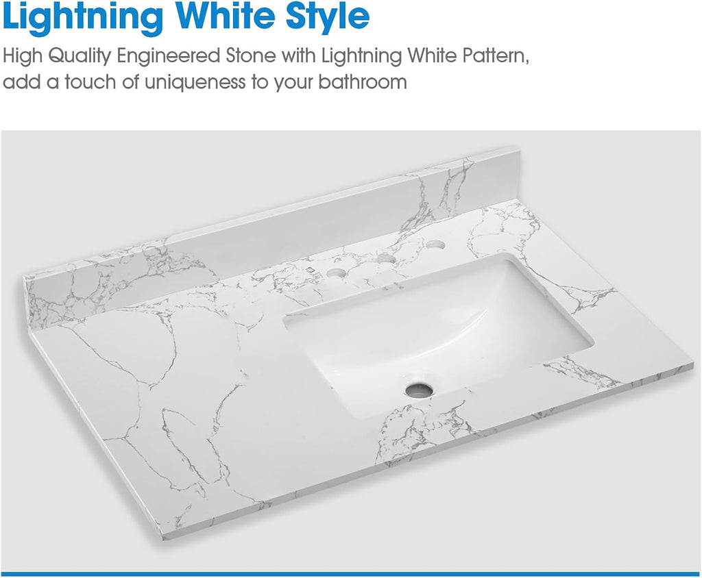 36 Inch Engineered Stone Bathroom Vanity Sink Top, with Undermount Rectangular Right Side Sink, Vanity Countertop with 8 inch Faucet Hole Spacing and Backsplash in Lightning White