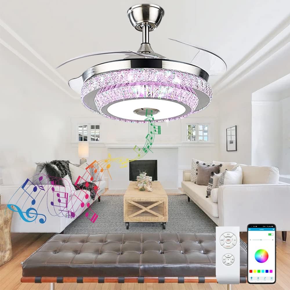 42'' Fandelier Crystal Ceiling Fan with Light, 3 Speeds Changes 7 Colors Dimmable Fandelier Bluetooth Speaker Music Ceiling Fans Modern 2 Layers Crystal Light Fixture for Bedroom,Living Room