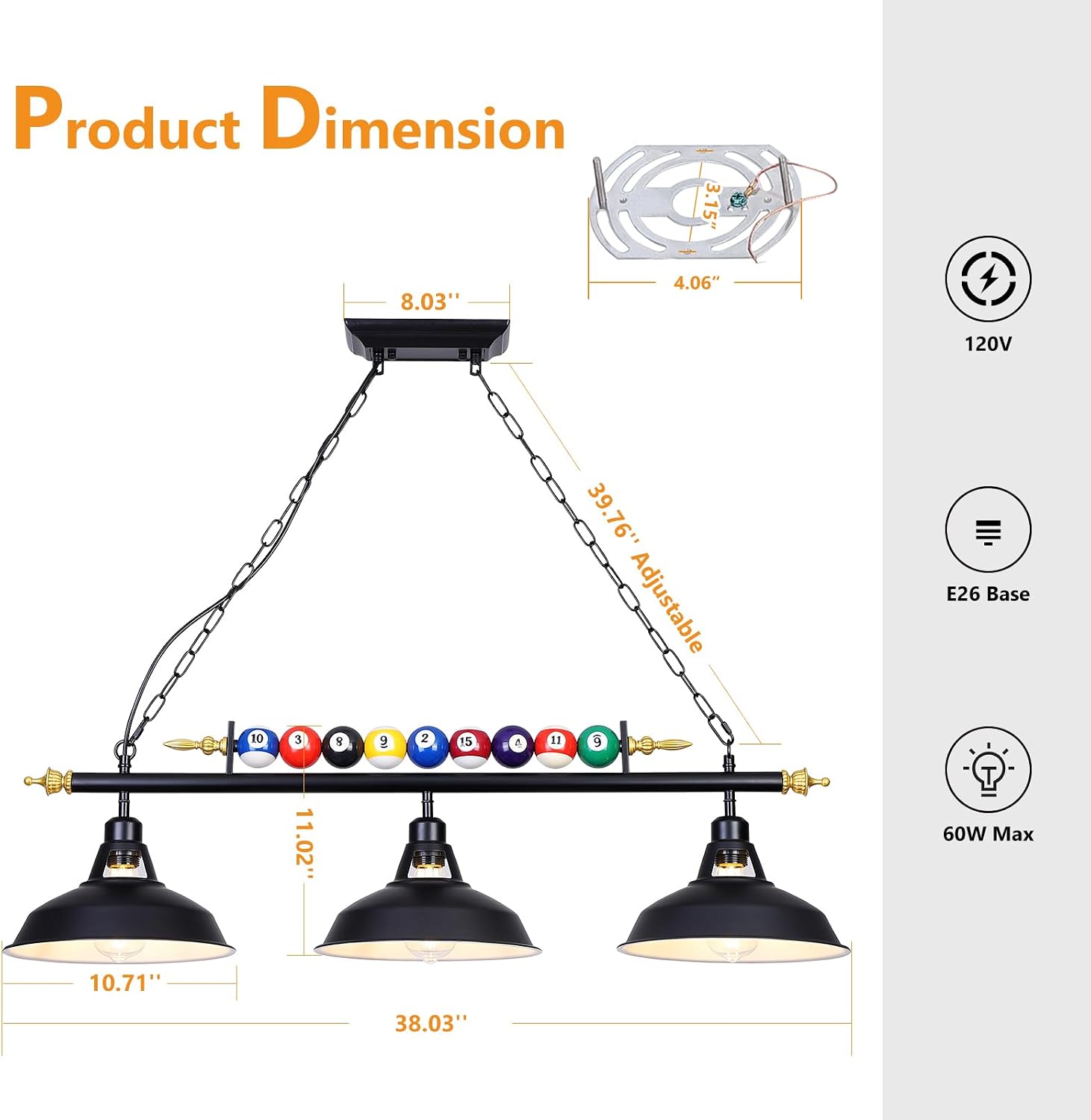 3-Light Billiard Pool Table Lights Hanging Over Pool Table, Black Matte Metal Shades with Billiard Ball Decor, for Billiards Room, Snooker Table, Kitchen Island