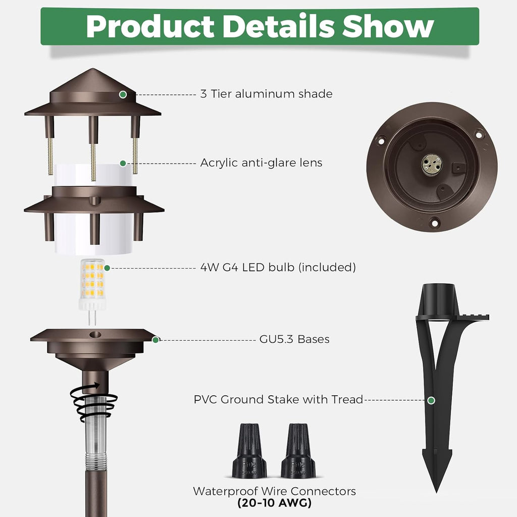 Gardencoin Pagoda Low Voltage Landscape Pathway Lights, 12V Outdoor LED Path Lights Wired, Aluminum Walkway Lighting with 4W 2700K Replaceable G4 Bulb, Bronze Classic 3-Tier Lantern, 6 Pack