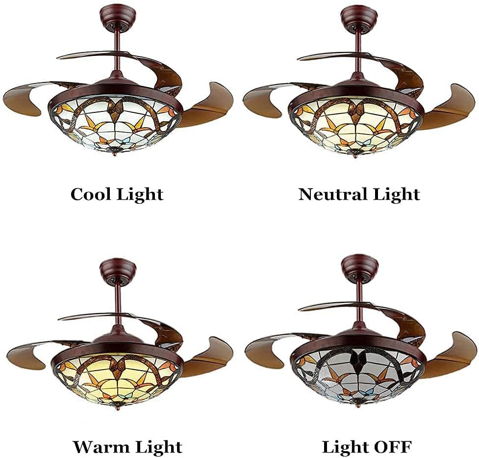 Fandian 42' Vintage Style Ceiling Fan with Light, Remote Control Classic LED Chandelier Retractable Blades 3 Light Changes Fandelier Lighting Fixture with Craft-Made Colorful Glass Lamp