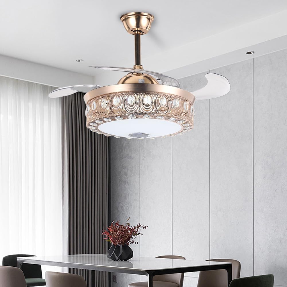 A Million Modern Fandelier Ceiling Fan with Light and Remote, 42'Gold Retractable Chandelier Ceiling Fans with Bluetooth Speaker 3 Speeds RGB LED Light Crystal Fandeliers for Dining Room Bedroom