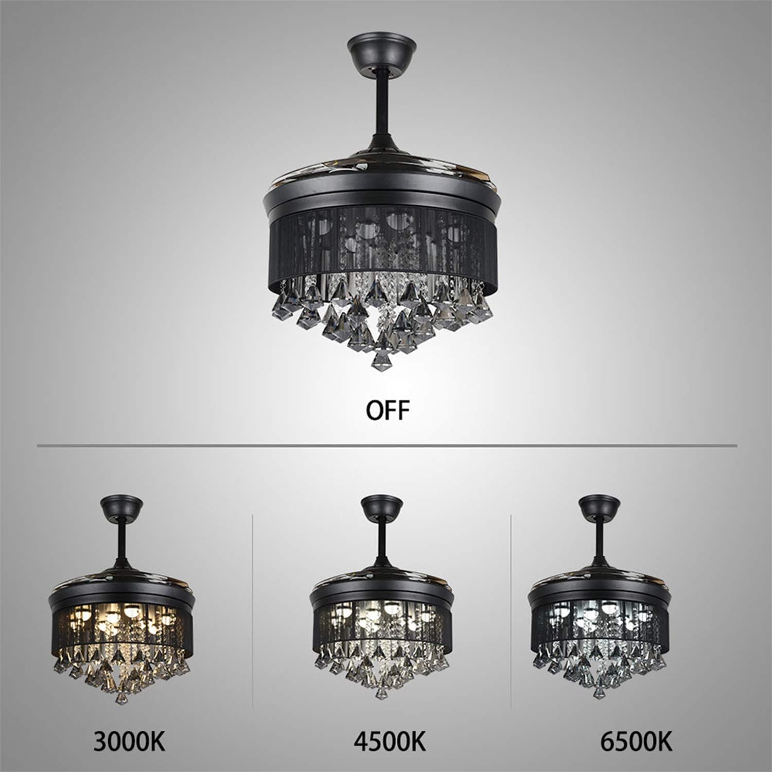 42 inches Fandelier Crystal Ceiling Fans Lights with Remote Control, Ceiling Fan Chandelier with 3 Colors 3 Speed Fan Chandelier with LED Lights for Living Room Bedroom, DS-FZ190, Black A