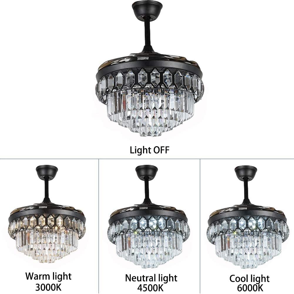 42'' Crystal Ceiling Fan with Light Modern Luxury Black Pendant Chandelier Geometric Design Led Light Fixture, Remote 3 Gears Adjustable Light Colors and Fan Speeds, Silent Motor