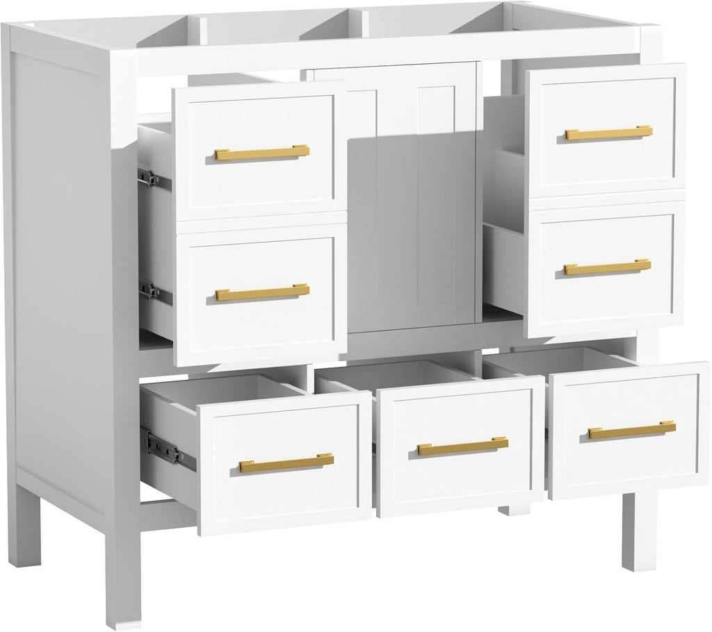 Merax 36 Inch White Bathroom Vanity Without Sink Top,Freestanding Bathroom Vanity Base Cabinet Only,with 5 Drawers,Soft Closing Door & Gold Handles,Solid Wood Frame(Basin Not Included),1 Package