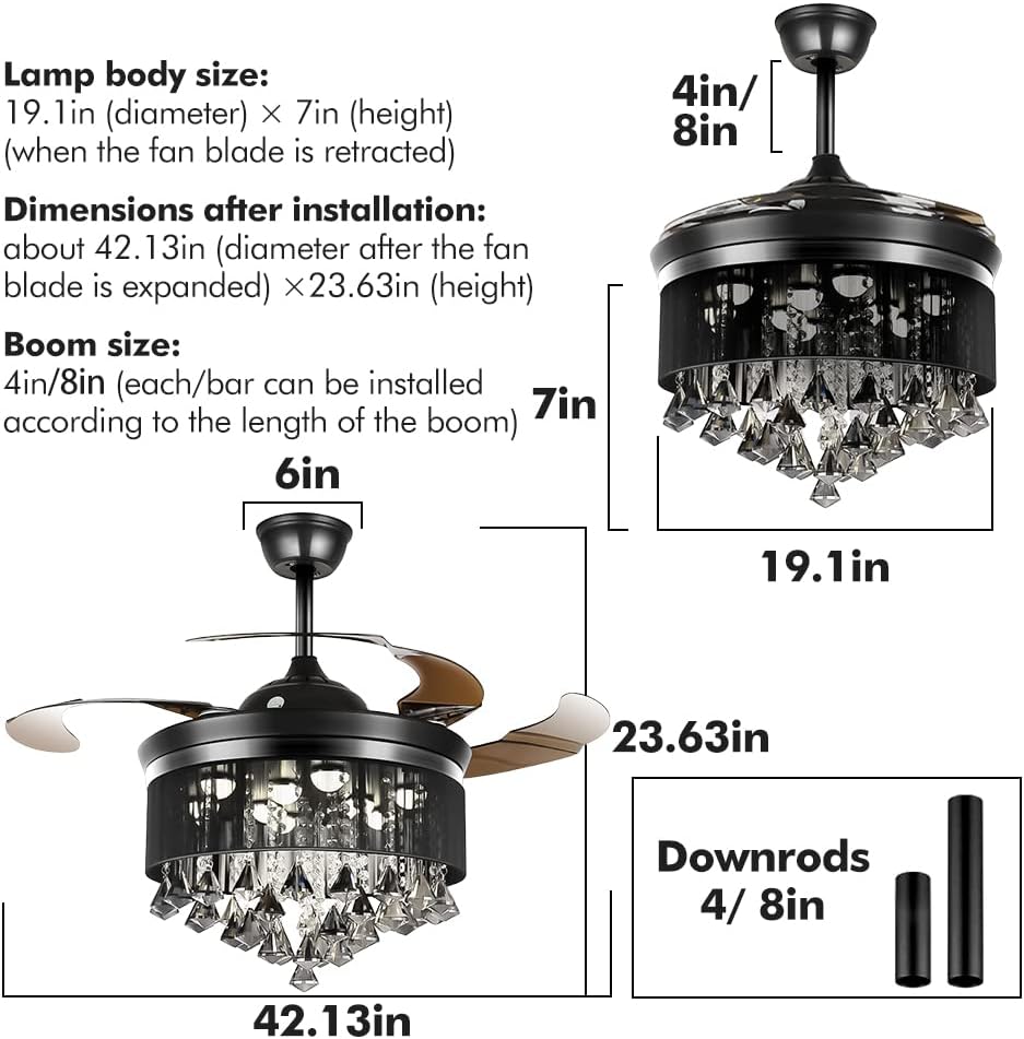 42' Black Luxury Crystal Ceiling Fan with Light 3 Color 3 Speed Modern Chandelier Fan with Remote Control Retractable Blades Fandelier for Living Room Bedroom