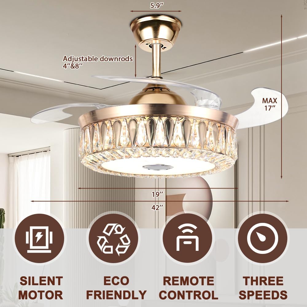 42' Bluetooth Chandelier Ceiling Fans with Lights Modern Retractable Fandelier Ceiling Fan and Remote 7 Color Change Smart Invisible Fan Light with Music Player for Bedrooms Living Room, Gold