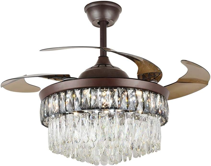 Fandian 42' Modern Crystal Ceiling Fan with Lights Remote Control Brown Chandelier Fixtures, Luxury Retractable Baldes Fandelier, 3 Color Lighting for Dining Room, Living Room