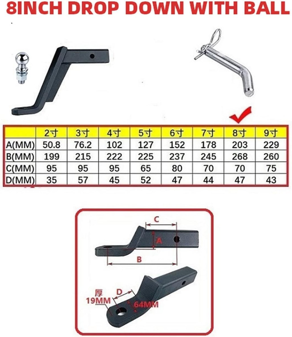 Trailer Hitch, Trailer 8inch Drop Towbar Tow Bar Ball Mount Tongue Hitch Trailer Car RV Boat Parts Accessories W/50mm 2inch Ball(with 50mm Ball)