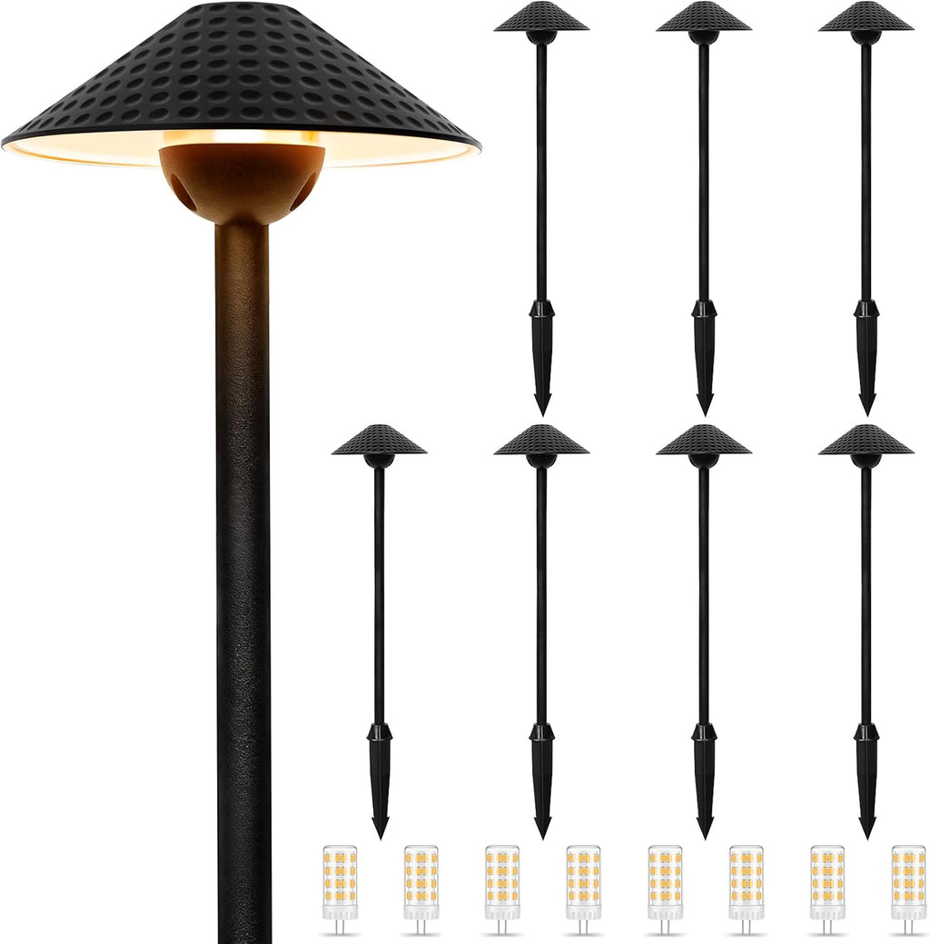 Gardencoin Low Voltage Pathway Lights (6.69'' Shade, 21.54'' Tall) 12V Outdoor LED Landscape Pathway Lighting Aluminum Vintage Hammered Path Lights with 4W 2700K Replaceable Bulb, 8 Pack