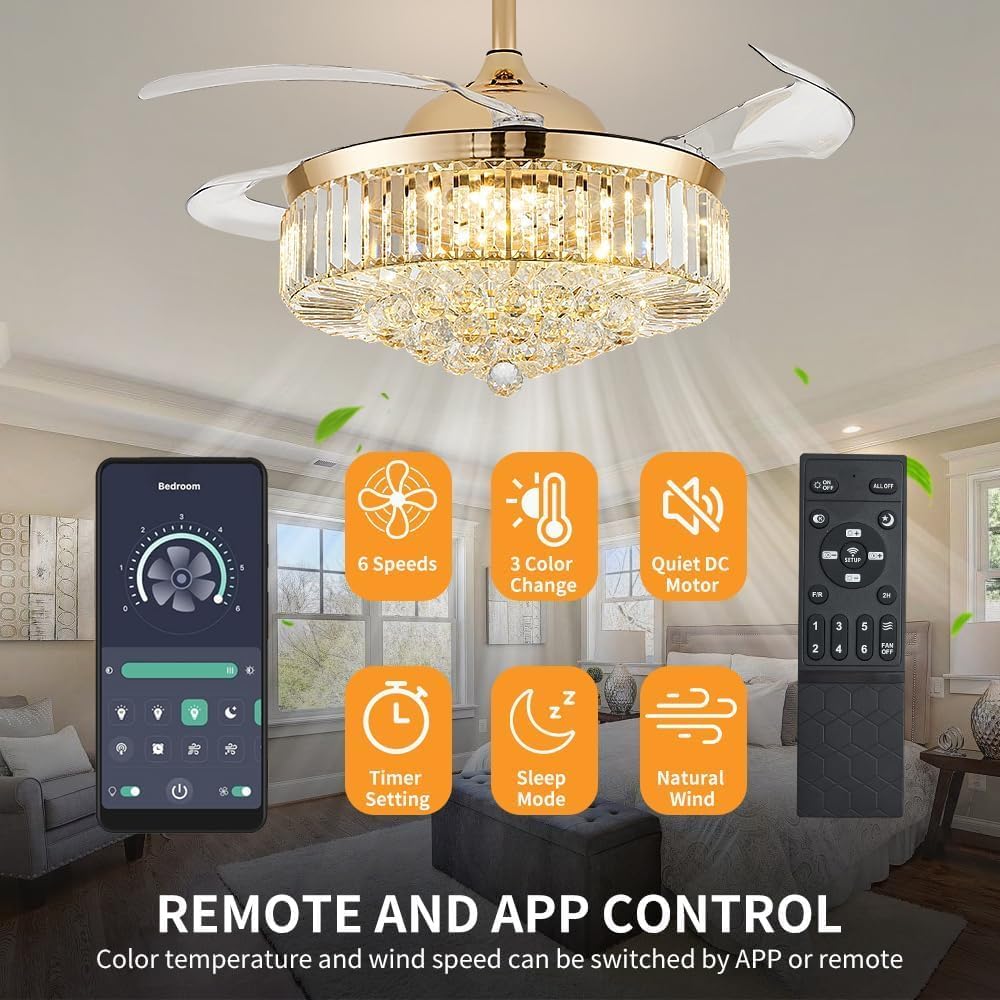 48 Inch Fandelier Ceiling Fan with Light, Chandelier Ceiling Fan for Bedroom Living Room, LED Dimmable, 6-Speed Reversible Motor, Timer & Memory Function-Gold