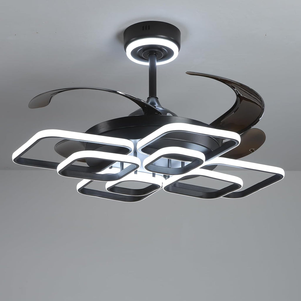 48 Inch Retractable Fandelier Ceiling Fan Chandelier with Lights and Remote for Bedroom Indoor Decoration, 3 Color Changeable, Dimmable with App, Timer Setting, Black