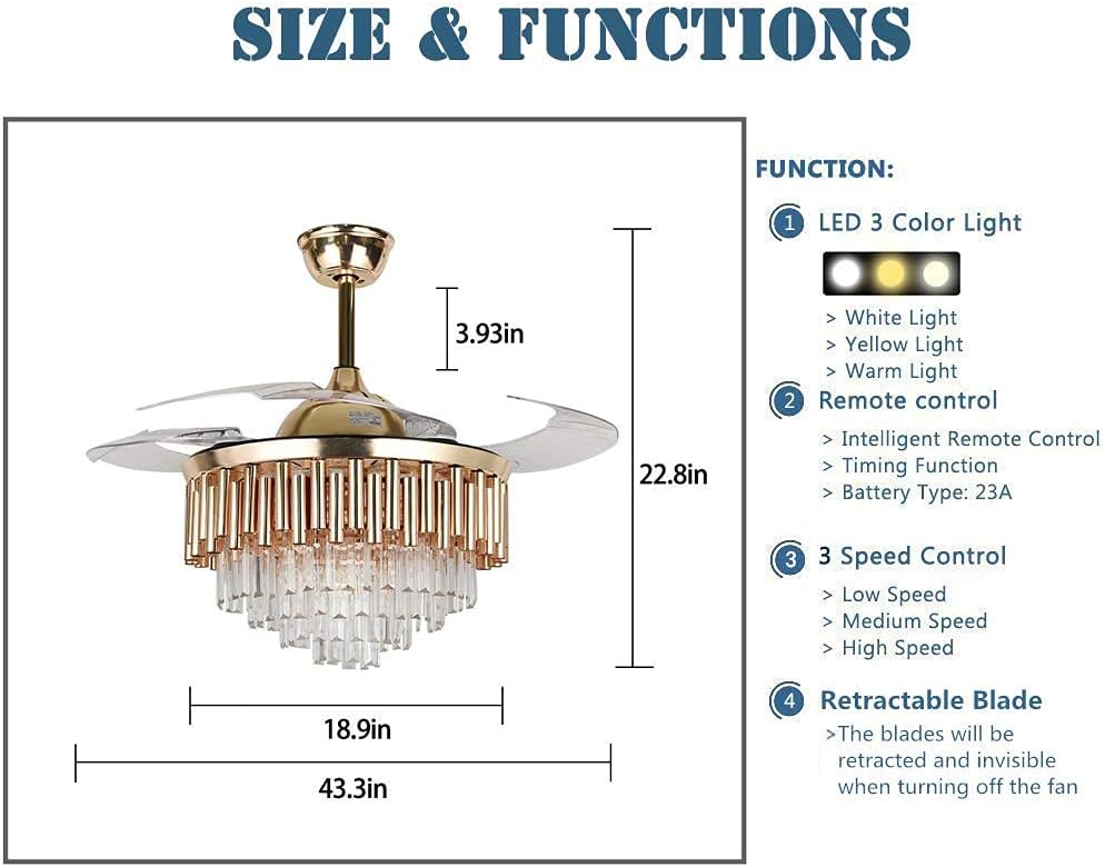 Fandian Crystal Ceiling Fan with Light Remote Control Fandelier, Modern Retractable Luxury Chanmdeliers Fan with 3 Color Change LED Light 3 Speed for Living Room Bedroom
