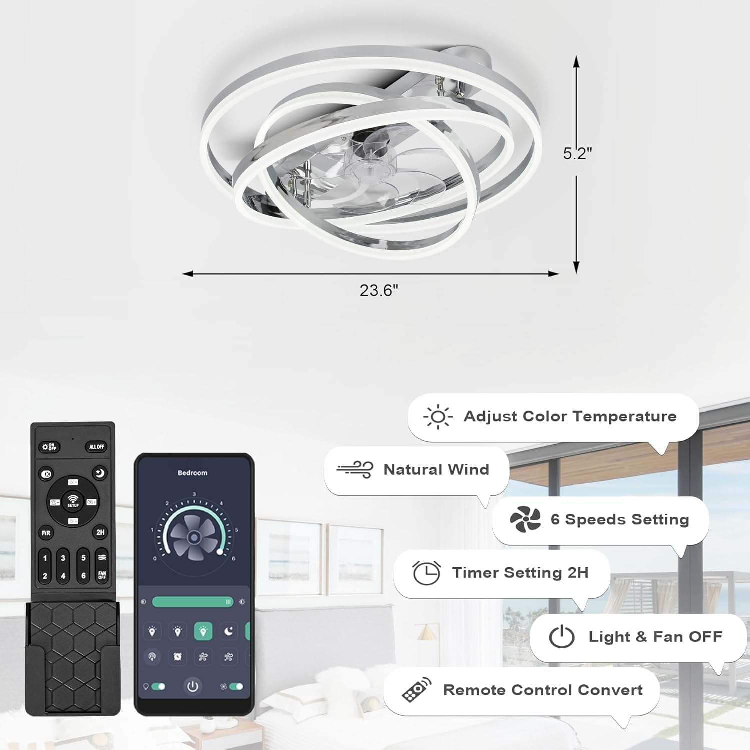 24 Inch Modern Ceiling Fan with Light, Fandelier Ceiling Fan with Light 6 Speed Dimmable Ceiling Fans with Lights and Remote and App Control for Bedroom (SILVER)