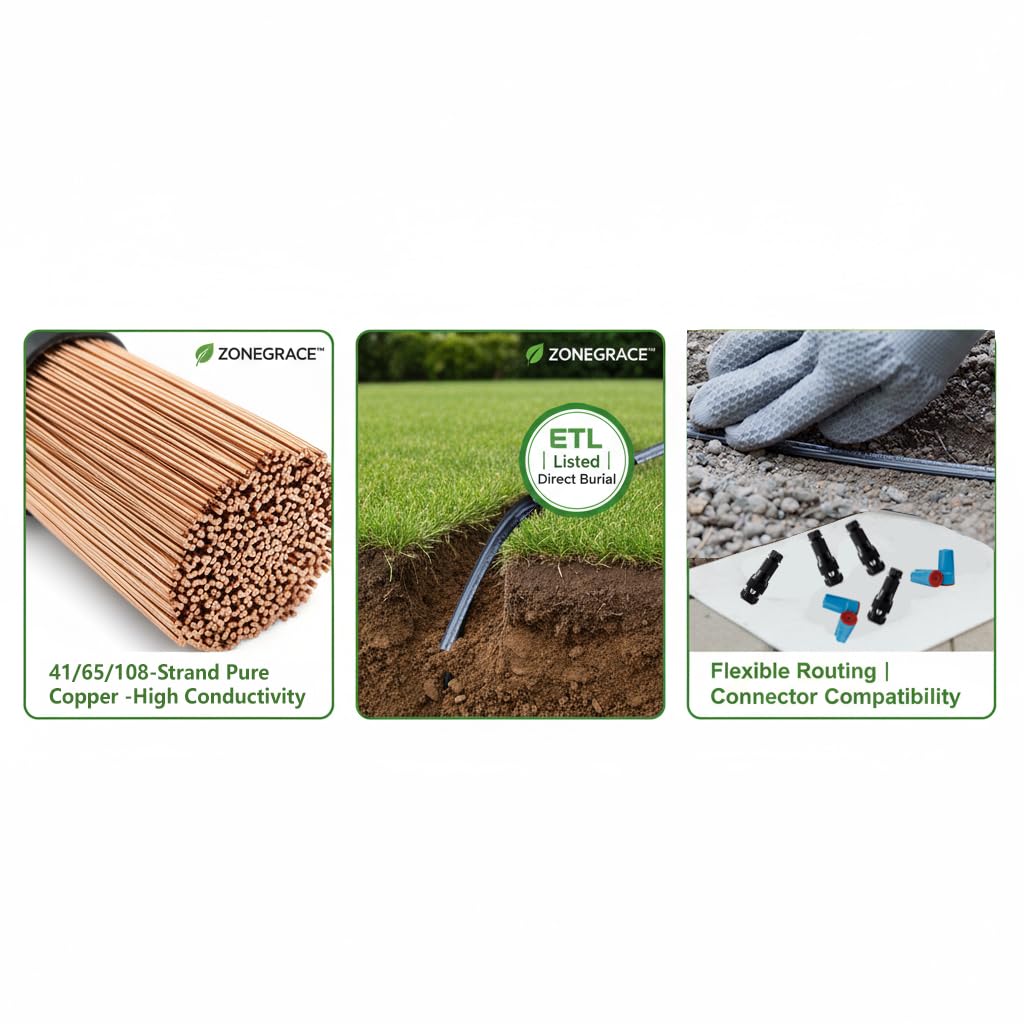 ZONEGRACE 10 Gauge Low Voltage Landscape Wire, 10/2 Landscape Lighting Wire, 10 AWG Direct Burial Outdoor Cable, Stranded Copper Wire (108×0.254 mm),PVC Jacket,ETL Listed,100 FT,for 12V/24V