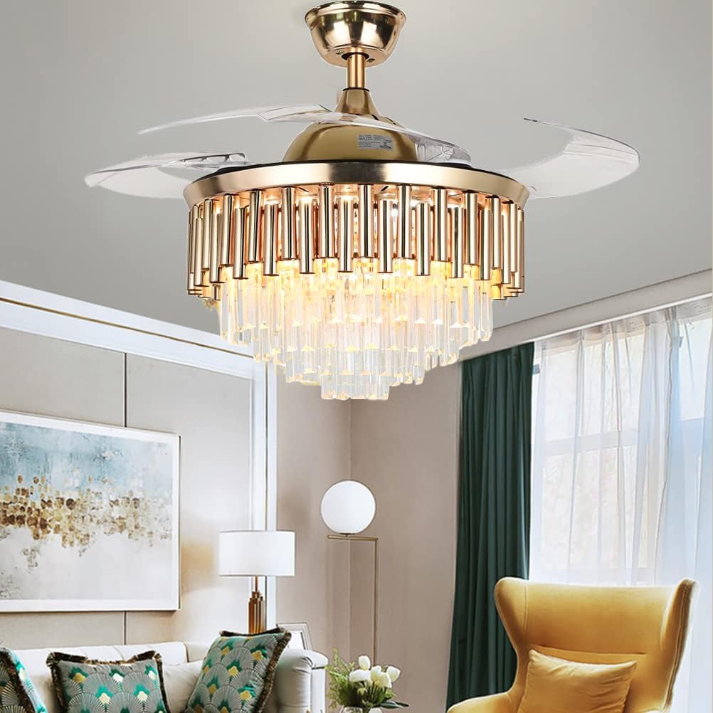 Fandian Crystal Ceiling Fan with Light Remote Control Fandelier, Modern Retractable Luxury Chanmdeliers Fan with 3 Color Change LED Light 3 Speed for Living Room Bedroom