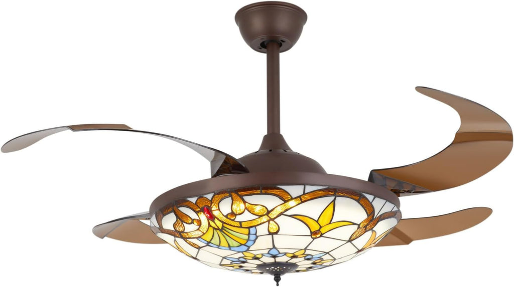 42'' Tiffany Ceiling Fan with Lights, Stained Glass Vintage Ceiling Fan Chandelier, 6 Speed Quiet Indoor Lighting Fixture Retractable Blades with Remote for Bedroom Living Room Hotel