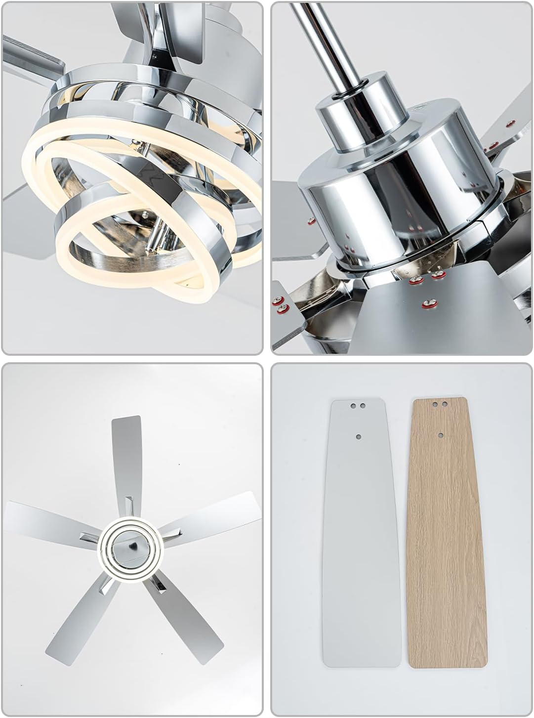 Bella Depot 52' Modern Ceiling Fan with Light, Metal Chandelier Fan with Remote, Rustic Indoor Fandelier with DC Motor for Dining Living Room Bedroom(Chrome)