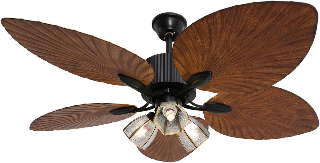52 Inch Tropical Ceiling Fan, Palm Wooden Leaf Ceiling Fan with Remote & Lights, Timer Function & Adjustable Height Vintage Quit Fan Light for Living Room Kitchen Bedroom Patio Porche Covered Deck