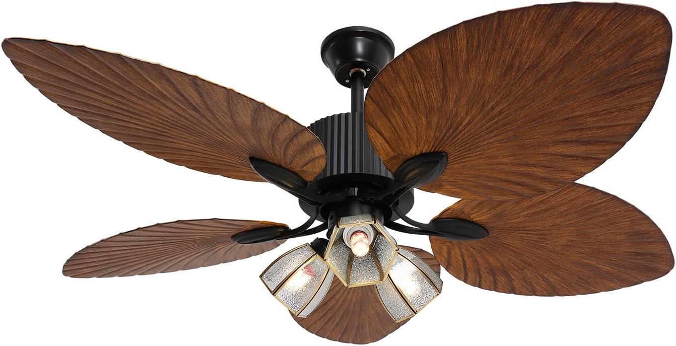 52 Inch Tropical Ceiling Fan, Palm Wooden Leaf Ceiling Fan with Remote & Lights, Timer Function & Adjustable Height Vintage Quit Fan Light for Living Room Kitchen Bedroom Patio Porche Covered Deck