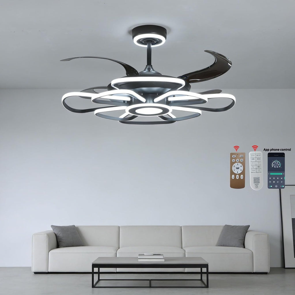 48' Retractable Ceiling Fan with Lights Modern Fandelier Fan Light with Remote Bladeless Fan Ceiling Light for Bedroom Living Room 6 Speed Black (Black RFL25003)